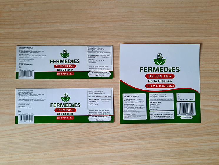 Printed Fermedies capsule and tea labels