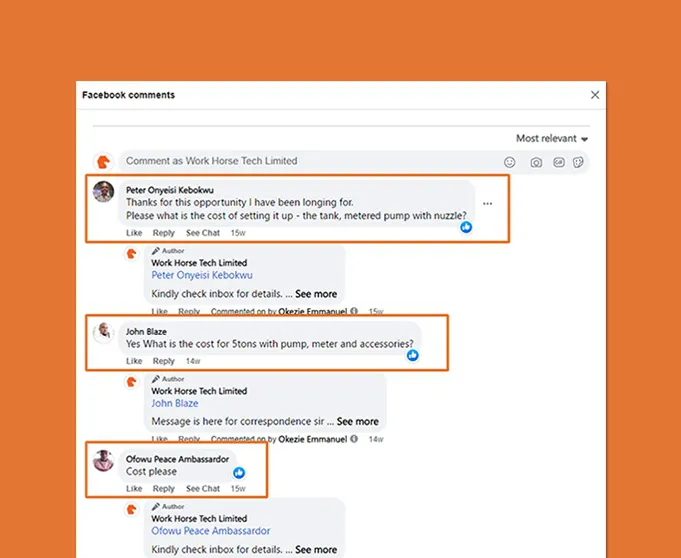 Comments of prospects from Facebook Ad campaign
